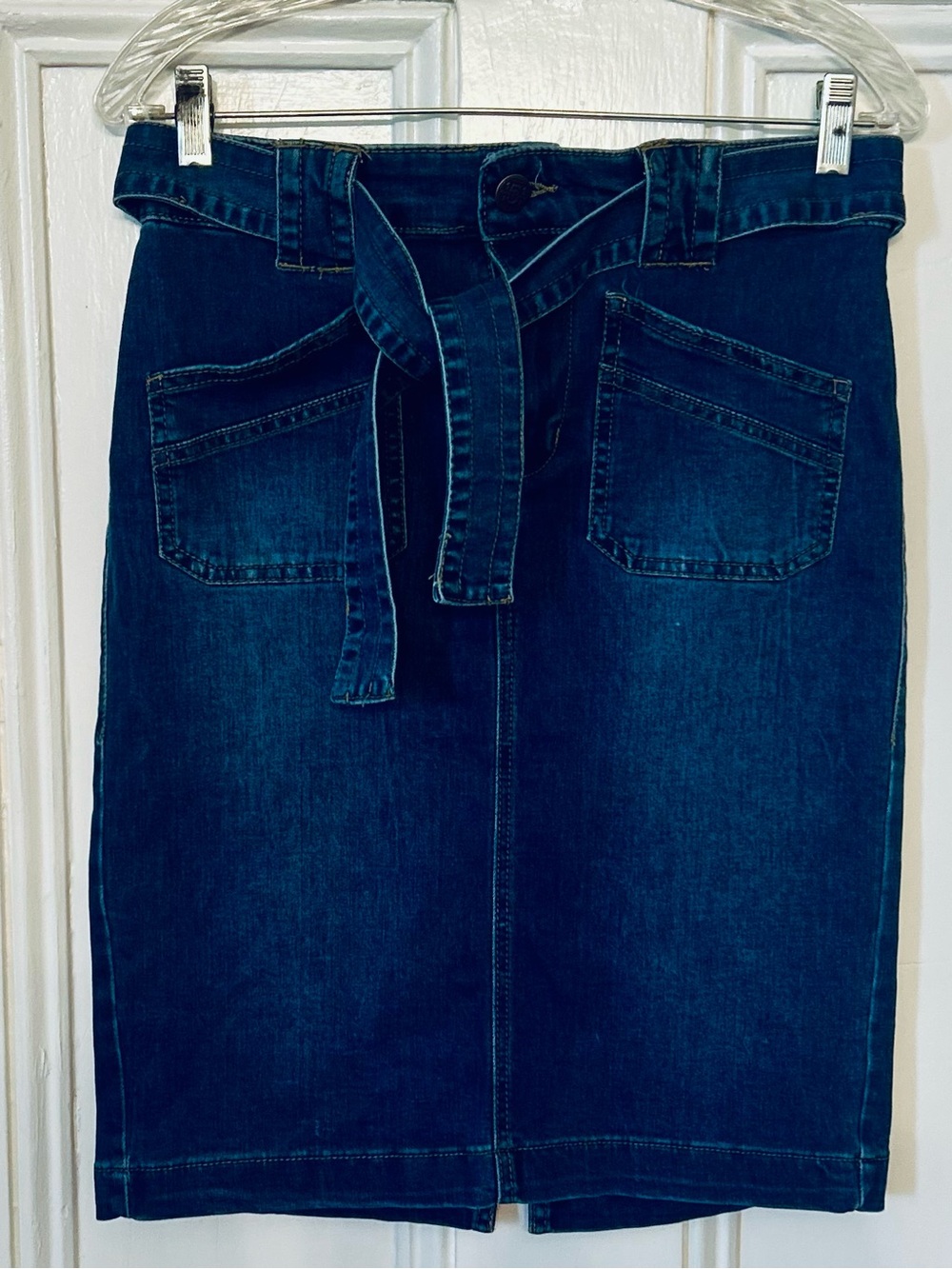 Dark Blue Women's Denim Skirt with Waist Tie with stretch size small